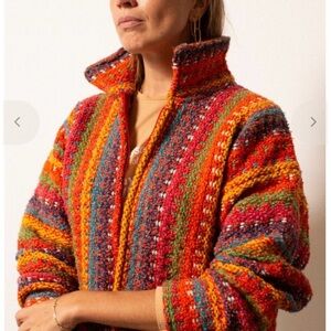 Multicolor Chunky 100%Wool Hand-Knit Zip-Front Jacket